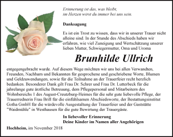 Traueranzeige von Brunhilde Ullrich von Ostthüringer Zeitung, Thüringische Landeszeitung