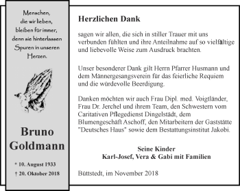 Traueranzeige von Bruno Goldmann von Thüringer Allgemeine, Thüringische Landeszeitung