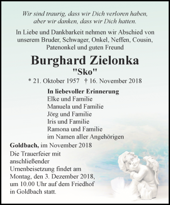 Traueranzeige von Burghard Zielonka von Ostthüringer Zeitung, Thüringische Landeszeitung