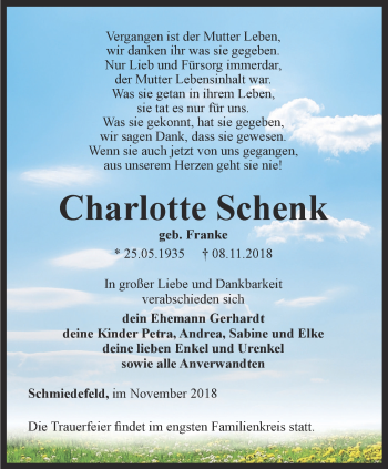 Traueranzeige von Charlotte Schenk von Ostthüringer Zeitung