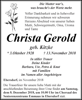 Traueranzeige von Christa Gerold von Ostthüringer Zeitung