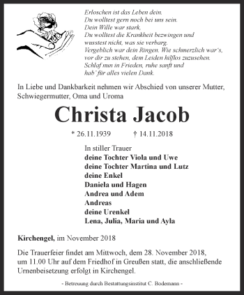 Traueranzeige von Christa Jacob von Thüringer Allgemeine