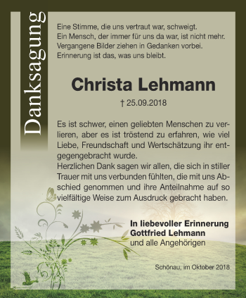 Traueranzeige von Christa Lehmann von Thüringer Allgemeine