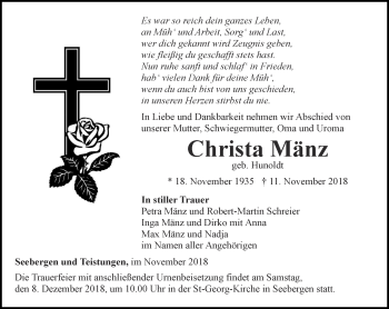 Traueranzeige von Christa Mänz von Ostthüringer Zeitung, Thüringische Landeszeitung