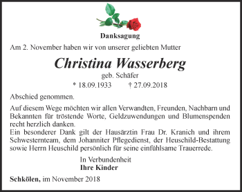 Traueranzeige von Christina Wasserberg von Ostthüringer Zeitung