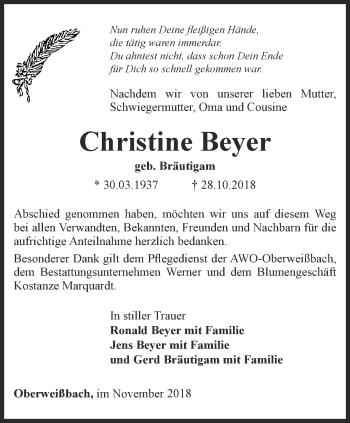 Traueranzeige von Christine Beyer von Ostthüringer Zeitung