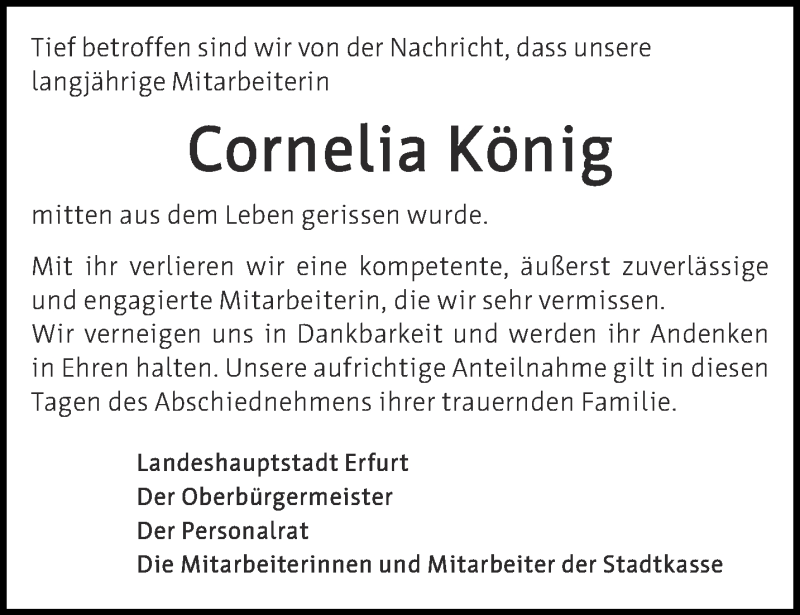  Traueranzeige für Cornelia König vom 17.11.2018 aus Thüringer Allgemeine, Thüringische Landeszeitung