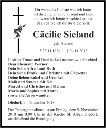 Traueranzeige von Cäcilie Sieland von Thüringer Allgemeine, Thüringische Landeszeitung