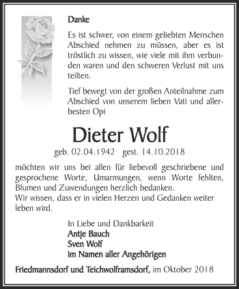 Traueranzeige von Dieter Wolf von Ostthüringer Zeitung