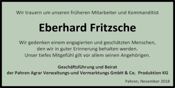 Traueranzeige von Eberhard Fritzsche von Ostthüringer Zeitung