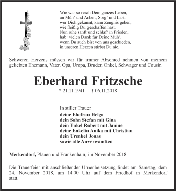 Traueranzeige von Eberhard Fritzsche von Ostthüringer Zeitung