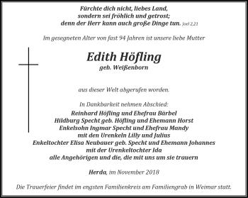Traueranzeige von Edith Höfling von Thüringer Allgemeine, Thüringische Landeszeitung