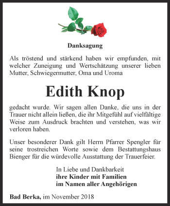 Traueranzeige von Edith Knop von Thüringer Allgemeine, Thüringische Landeszeitung