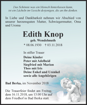 Traueranzeige von Edith Knop von Thüringer Allgemeine, Thüringische Landeszeitung