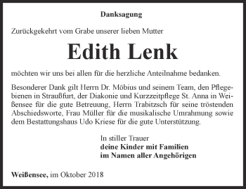 Traueranzeige von Edith Lenk von Thüringer Allgemeine