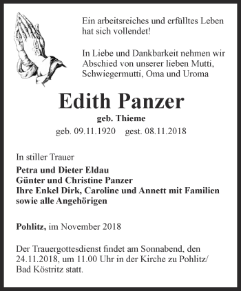 Traueranzeige von Edith Panzer von Ostthüringer Zeitung