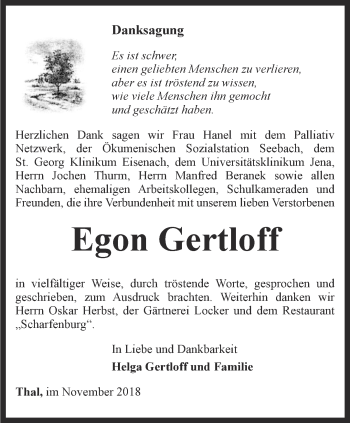 Traueranzeige von Egon Gertloff von Thüringer Allgemeine, Thüringische Landeszeitung