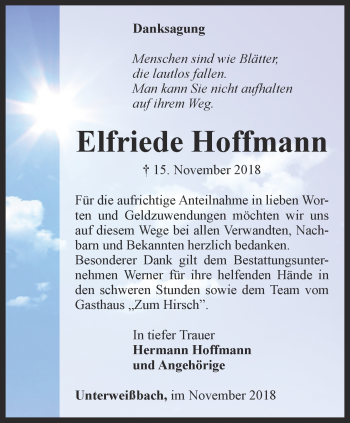 Traueranzeige von Elfriede Hoffmann von Ostthüringer Zeitung