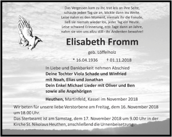 Traueranzeige von Elisabeth Fromm von Thüringer Allgemeine