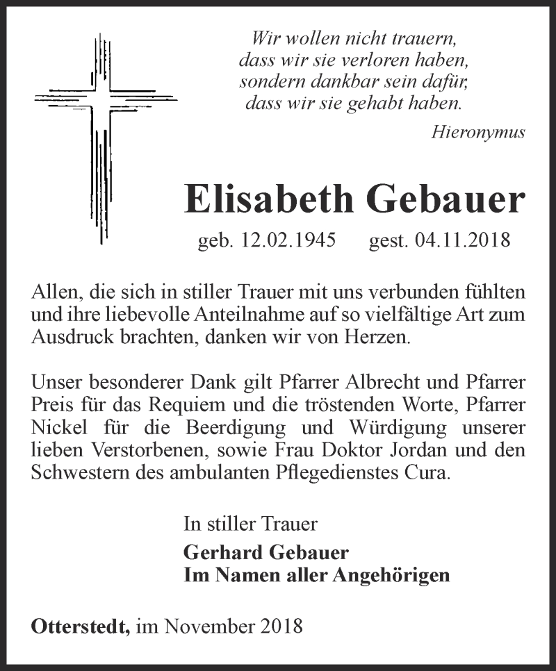 Traueranzeigen von Elisabeth Gebauer | trauer-in-thueringen.de