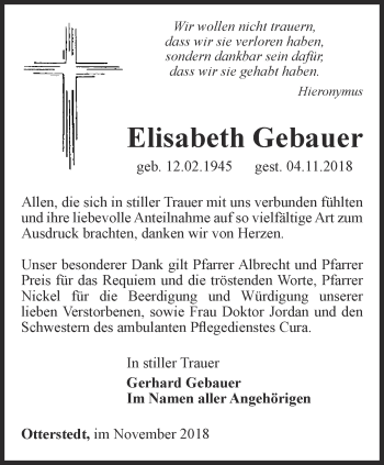 Traueranzeigen von Elisabeth Gebauer | trauer-in-thueringen.de