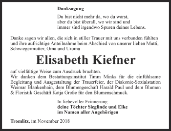 Traueranzeige von Elisabeth Kiefner von Thüringer Allgemeine, Thüringische Landeszeitung