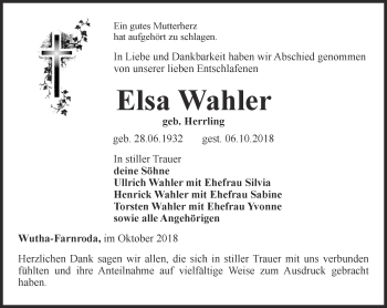 Traueranzeige von Elsa Wahler von Thüringer Allgemeine, Thüringische Landeszeitung