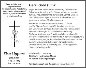 Traueranzeige von Else Lippert von Thüringer Allgemeine, Thüringische Landeszeitung