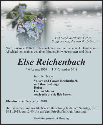 Traueranzeige von Else Reichenbach von Thüringer Allgemeine