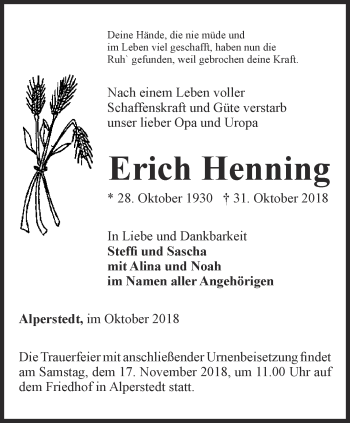 Traueranzeige von Erich Henning von Thüringer Allgemeine, Thüringische Landeszeitung