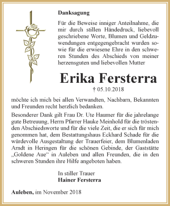 Traueranzeige von Erika Fersterra von Thüringer Allgemeine