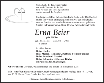 Traueranzeige von Erna Beier von Thüringer Allgemeine