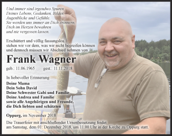 Traueranzeige von Frank Wagner von Ostthüringer Zeitung