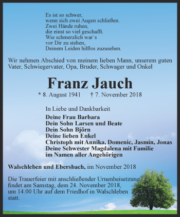 Traueranzeige von Franz Jauch von Thüringer Allgemeine, Thüringische Landeszeitung