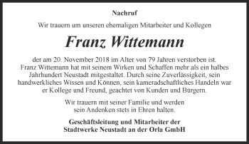 Traueranzeige von Franz Wittemann von Ostthüringer Zeitung