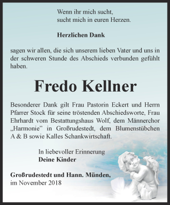 Traueranzeige von Fredo Kellner von Thüringer Allgemeine, Thüringische Landeszeitung