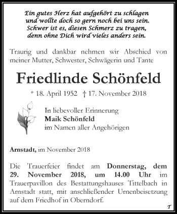 Traueranzeige von Friedlinde Schönfeld von Thüringer Allgemeine