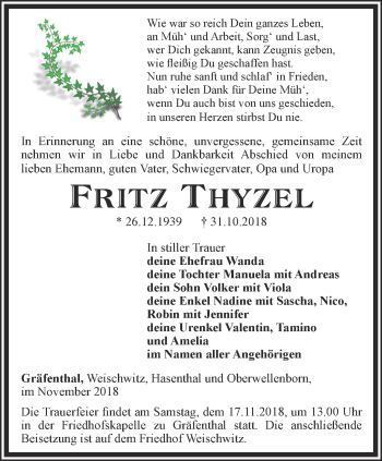 Traueranzeige von Fritz Thyzel