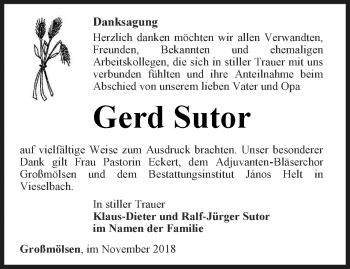 Traueranzeige von Gerd Sutor von Thüringer Allgemeine, Thüringische Landeszeitung