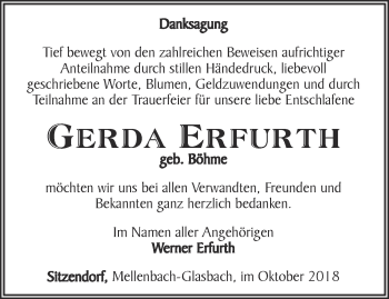 Traueranzeige von Gerda Erfurth von Ostthüringer Zeitung