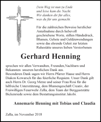 Traueranzeige von Gerhard Henning von Thüringer Allgemeine, Thüringische Landeszeitung