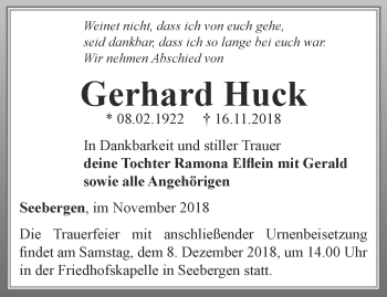 Traueranzeige von Gerhard Huck von Zeitungsgruppe Thüringen Trauer