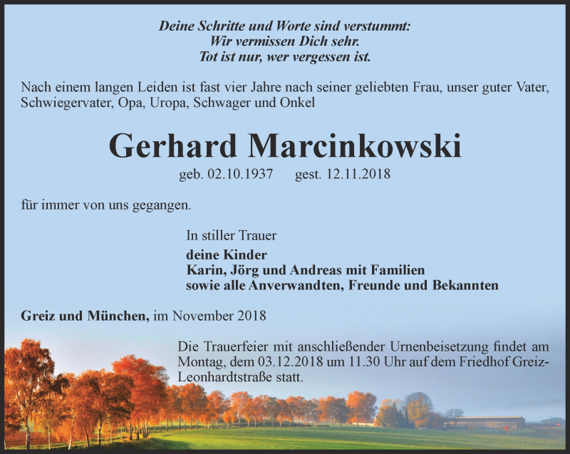  Traueranzeige für Gerhard Marcinkowski vom 16.11.2018 aus Ostthüringer Zeitung