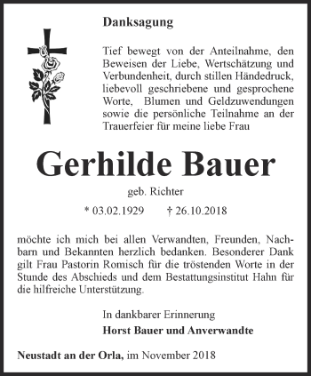 Traueranzeige von Gerhilde Bauer