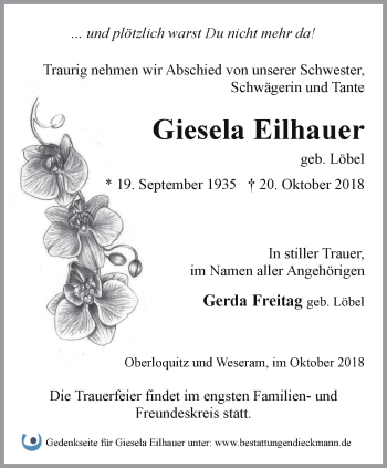 Traueranzeige von Giesela Eilhauer von Ostthüringer Zeitung