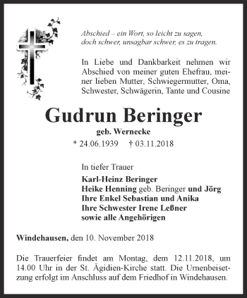 Traueranzeige von Gudrun Beringer von Thüringer Allgemeine