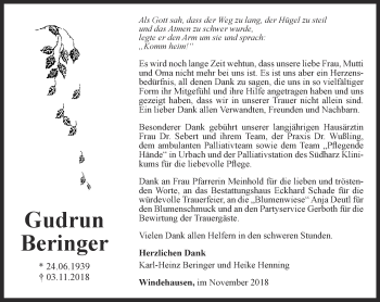 Traueranzeige von Gudrun Beringer von Thüringer Allgemeine