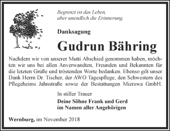 Traueranzeige von Gudrun Bähring von Ostthüringer Zeitung