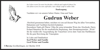 Traueranzeige von Gudrun Weber von Thüringer Allgemeine, Thüringische Landeszeitung