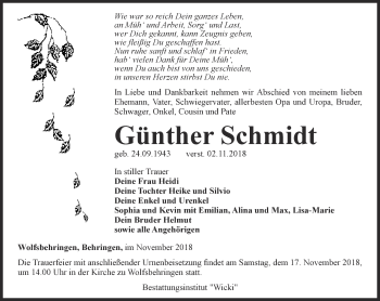 Traueranzeige von Günther Schmidt von Thüringer Allgemeine, Thüringische Landeszeitung